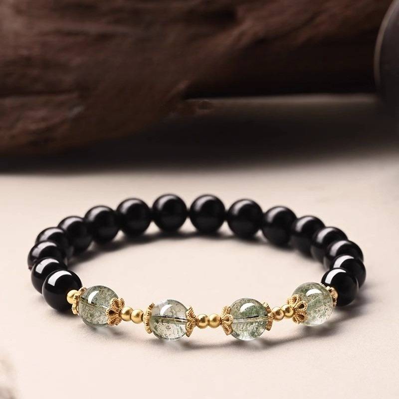 Obsidian & Green Phantom Quartz Abundance and Guarding Bracelet - Good Fortune & Harmony - front view staged shot