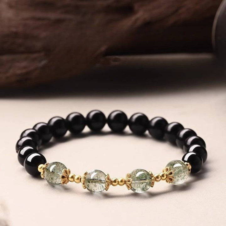 Obsidian &amp; Green Phantom Quartz Abundance and Guarding Bracelet - Good Fortune &amp; Harmony - front view staged shot