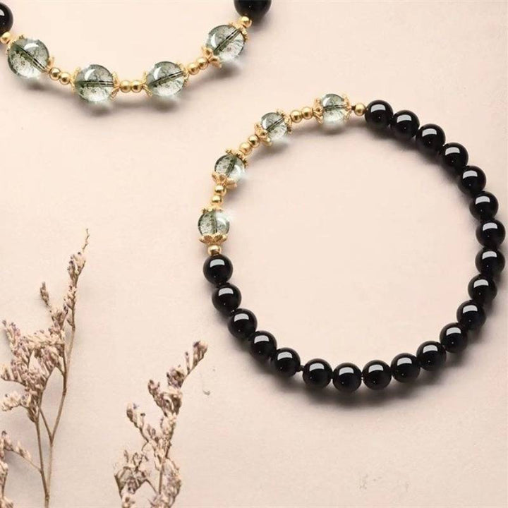 Obsidian &amp; Green Phantom Quartz Abundance and Guarding Bracelet - Good Fortune &amp; Harmony - compare shot