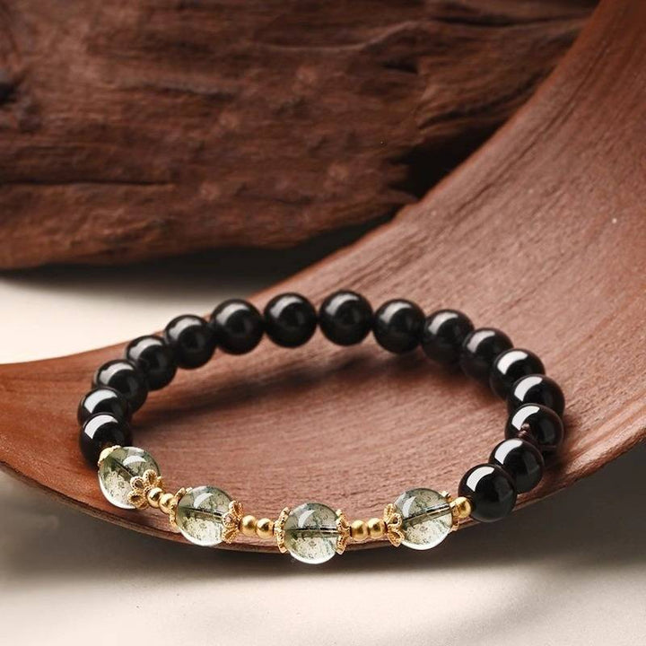 Obsidian &amp; Green Phantom Quartz Abundance and Guarding Bracelet - Good Fortune &amp; Harmony - prop-styled shot