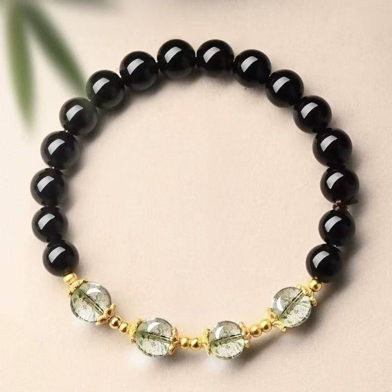 Obsidian & Green Phantom Quartz Abundance and Guarding Bracelet - Good Fortune & Harmony - top view staged shot