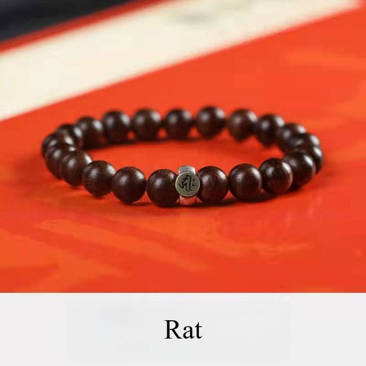 Personal Guardian Sanskrit Zodiac Charm Agarwood Bracelet - Peace &amp; Smooth Fortune - Rat (8mm)