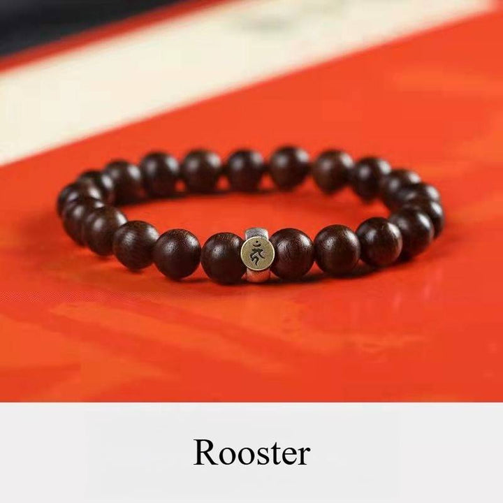 Personal Guardian Sanskrit Zodiac Charm Agarwood Bracelet - Peace &amp; Smooth Fortune - Rooster (10mm)