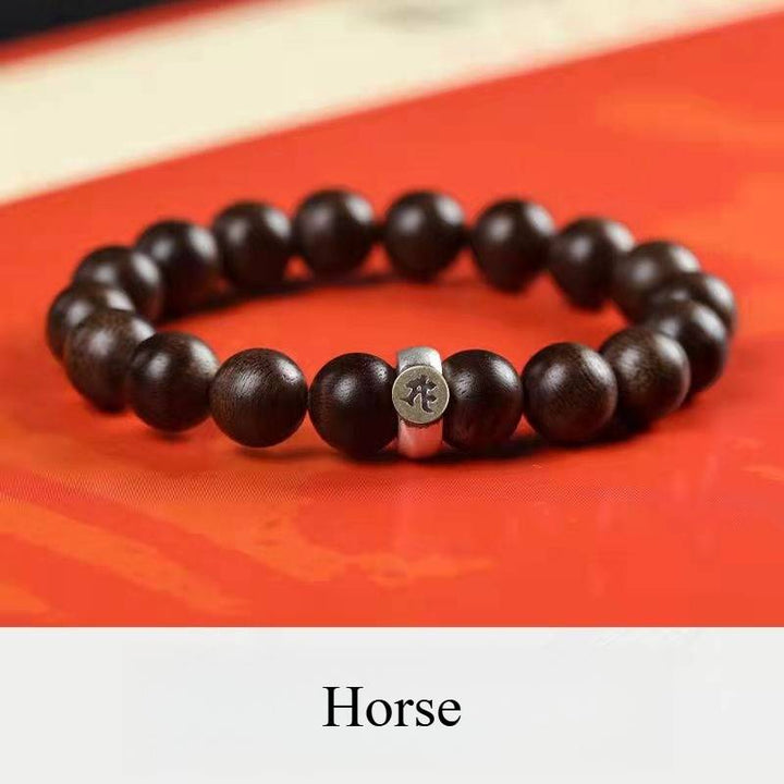 Personal Guardian Sanskrit Zodiac Charm Agarwood Bracelet - Peace &amp; Smooth Fortune - Horse (10mm)