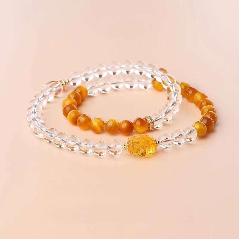 Prosperity &amp; Guardian Double Wrap Crystal Bracelet - Harmony &amp; Clarity - Clear Quartz+Amber Pixiu Style