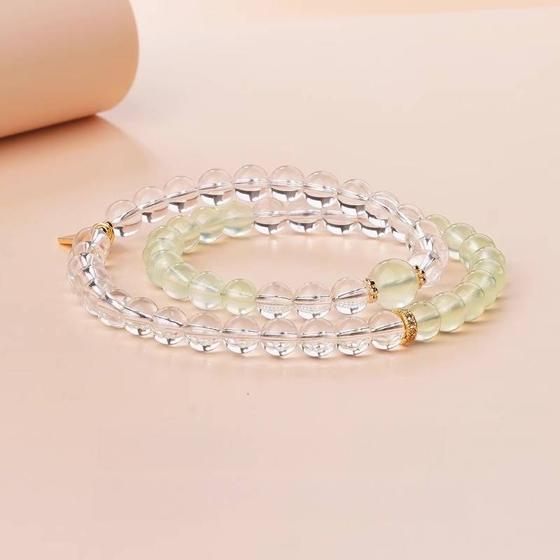 Prosperity &amp; Guardian Double Wrap Crystal Bracelet - Harmony &amp; Clarity - Clear Quartz+Grape Jade Style