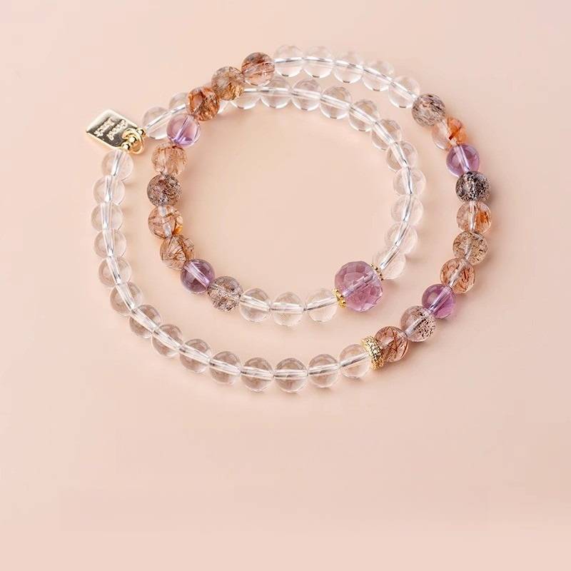 Prosperity &amp; Guardian Double Wrap Crystal Bracelet - Harmony &amp; Clarity - Clear Quartz+Super Seven Amethyst Style