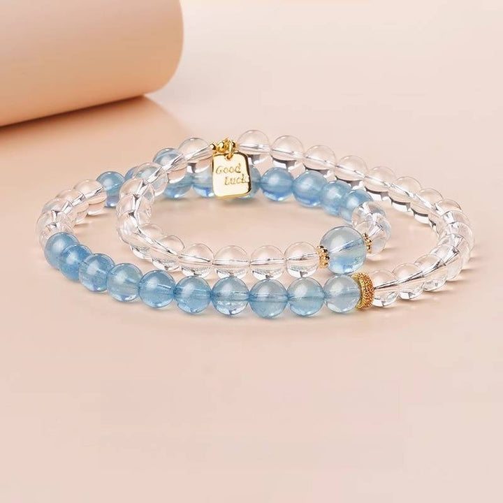 Prosperity &amp; Guardian Double Wrap Crystal Bracelet - Harmony &amp; Clarity - Clear Quartz+Aquamarine Style