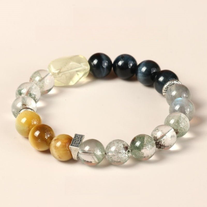 Prosperous Crystal Ensemble Bracelet - Protection & Harmony - front view staged shot with obsidian citrine and green phantom