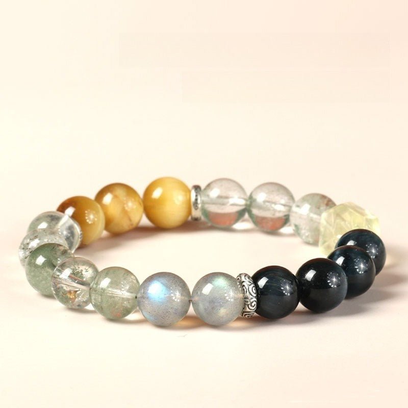 Prosperous Crystal Ensemble Bracelet - Protection &amp; Harmony - staged shot with obsidian citrine and green phantom