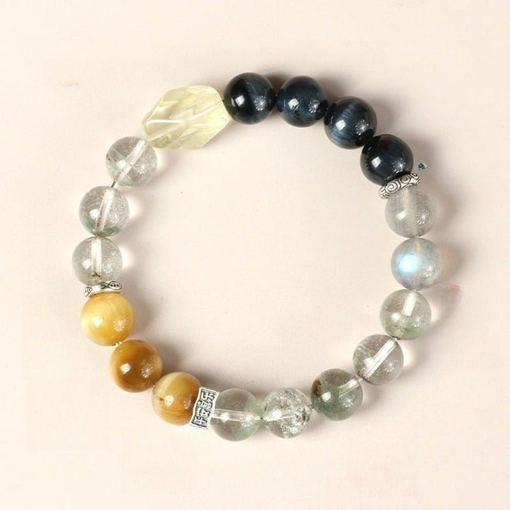 Prosperous Crystal Ensemble Bracelet - Protection &amp; Harmony - top view staged shot with obsidian citrine and green phantom