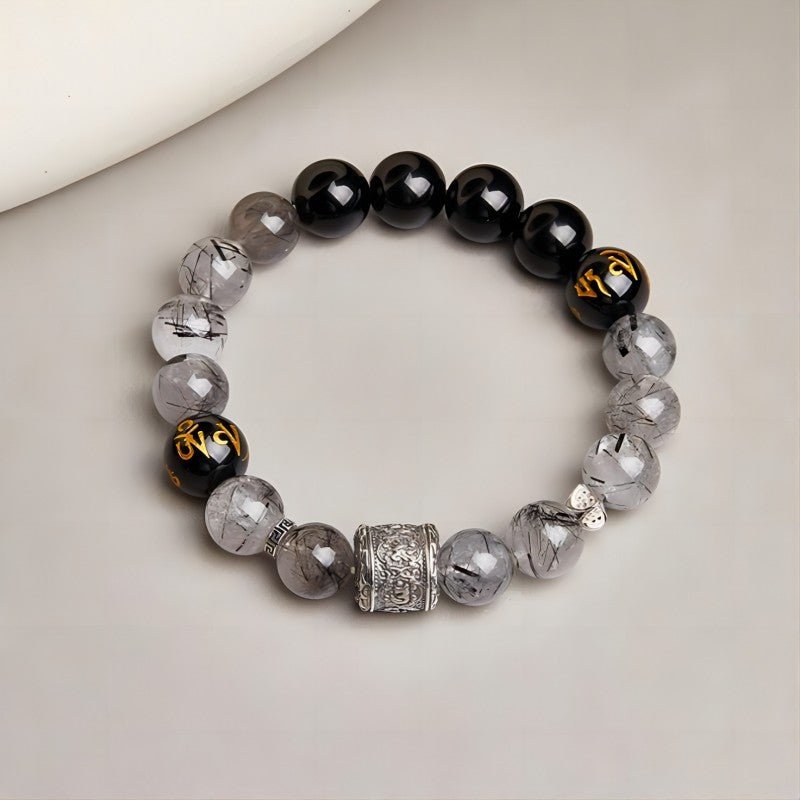 Protection and Blessing Mantra Bead Bracelet - Grounding & Good Fortune - top view shot of the Black Obsidian bracelet
