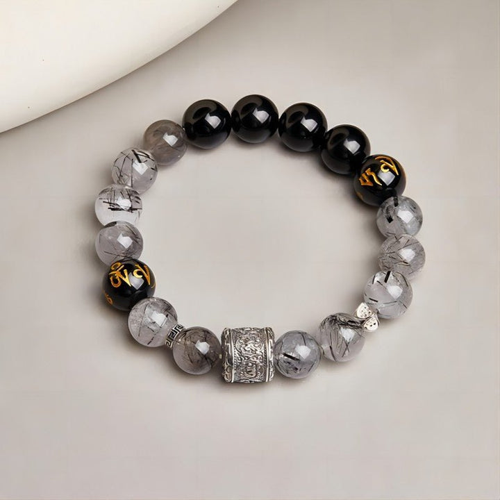Protection and Blessing Mantra Bead Bracelet - Grounding &amp; Good Fortune - top view shot of the Black Obsidian bracelet
