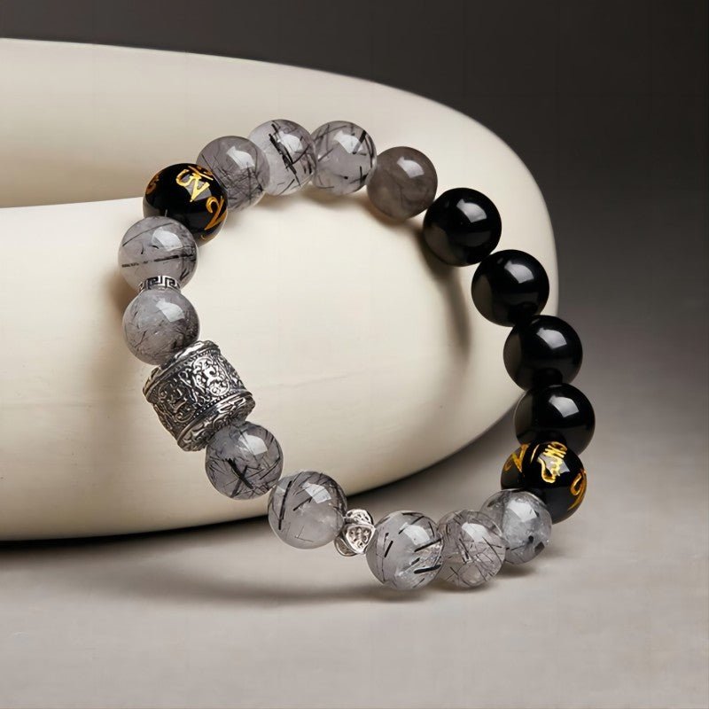 Protection and Blessing Mantra Bead Bracelet - Grounding &amp; Good Fortune - staged shot of the Black Obsidian bracelet