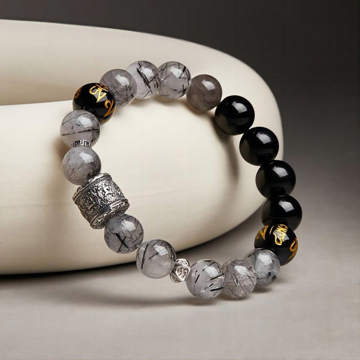 Protection and Blessing Mantra Bead Bracelet - Grounding &amp; Good Fortune - staged shot of the Black Obsidian bracelet