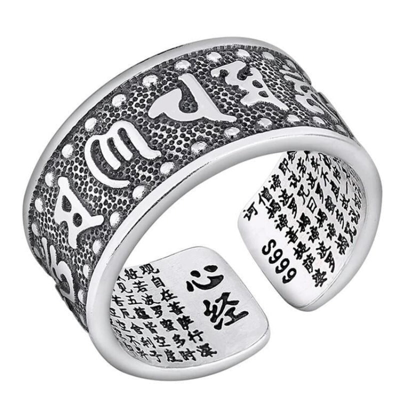 Protection Mantra Charm Ring - Good Fortune &amp; Calm - Close-up symbol shot of sterling sliver ring
