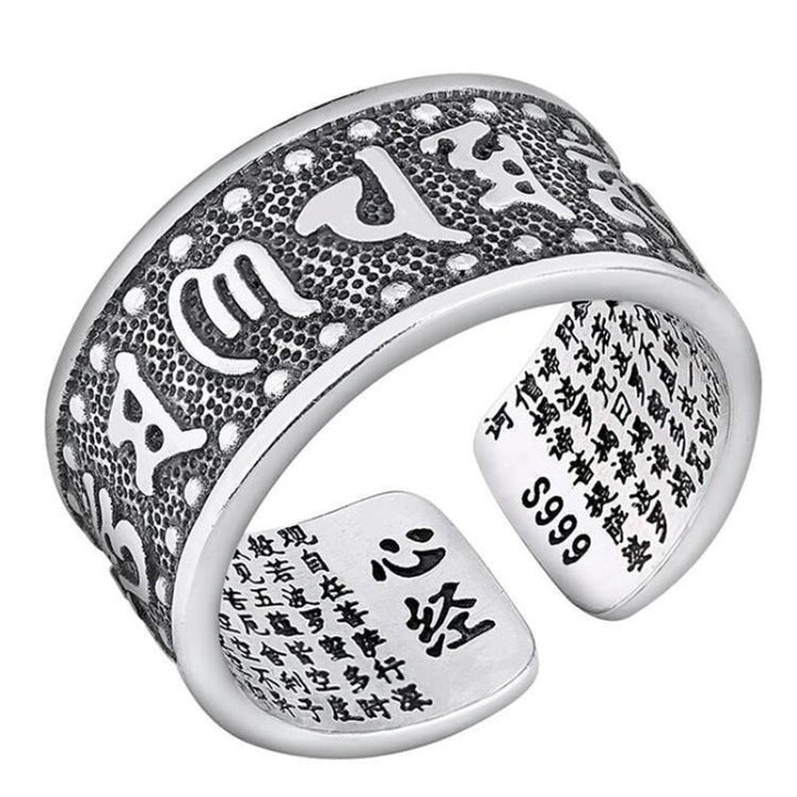 Protection Mantra Charm Ring - Good Fortune &amp; Calm - Close-up symbol shot of sterling sliver ring