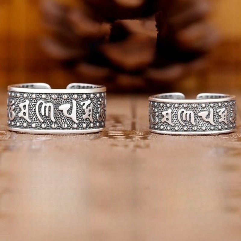 Protection Mantra Charm Ring - Good Fortune & Calm - Front view staged shot of sterling sliver ring