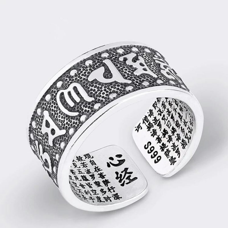 Protection Mantra Charm Ring - Good Fortune &amp; Calm - Close-up shot of sterling sliver ring