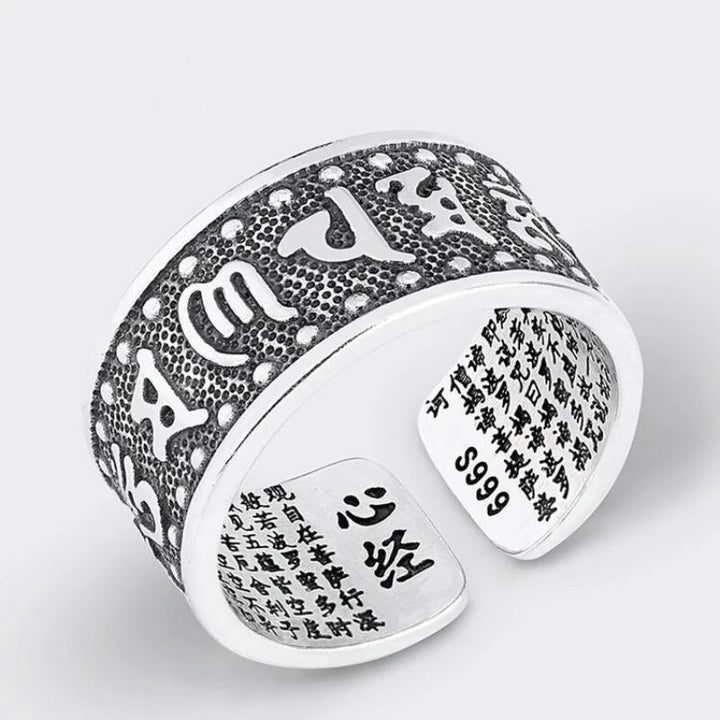 Protection Mantra Charm Ring - Good Fortune &amp; Calm - Close-up shot of sterling sliver ring