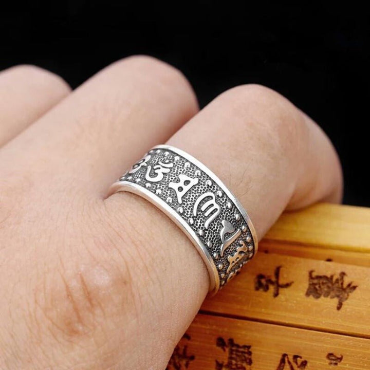 Protection Mantra Charm Ring - Good Fortune &amp; Calm - On finger shot of sterling sliver ring