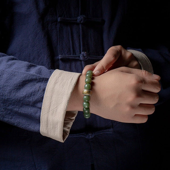 Protection Talisman Drum Hetian Jade Bead Bracelet - Serenity &amp; Safe Passage - on wrist