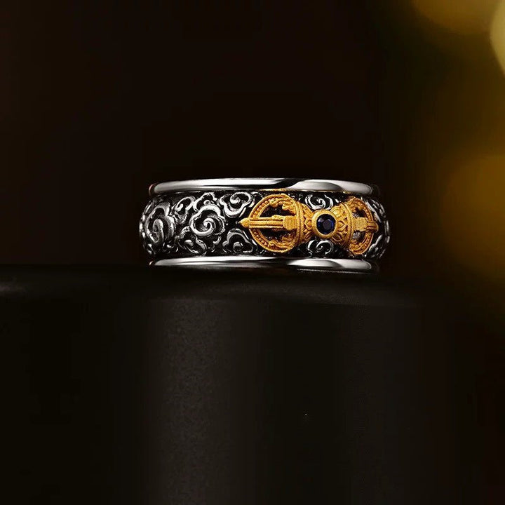 Protection Vajra Charm Ring - Good Fortune &amp; Calm - close-up and side view of the sterling sliver ring
