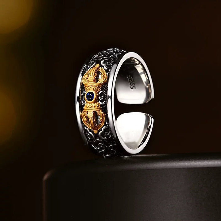 Protection Vajra Charm Ring - Good Fortune &amp; Calm - prop styling shot of the sterling sliver ring