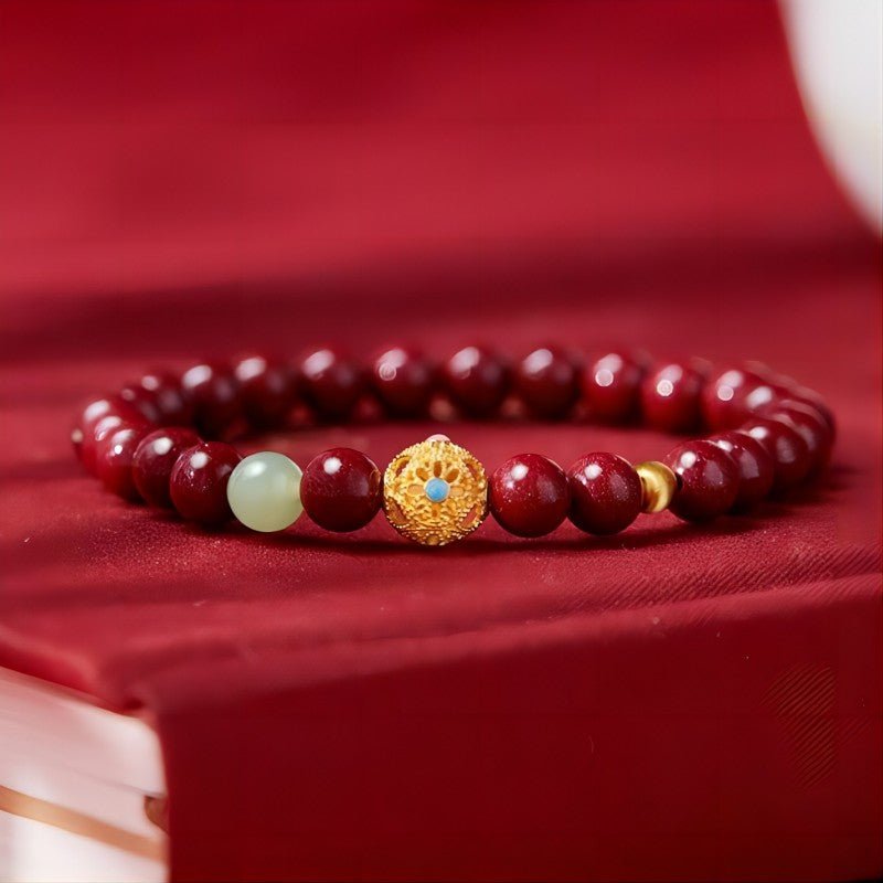 Protection & Vitality Cinnabar Bracelet With Hollow Gold Sphere - Harmony & Luck - front view shot