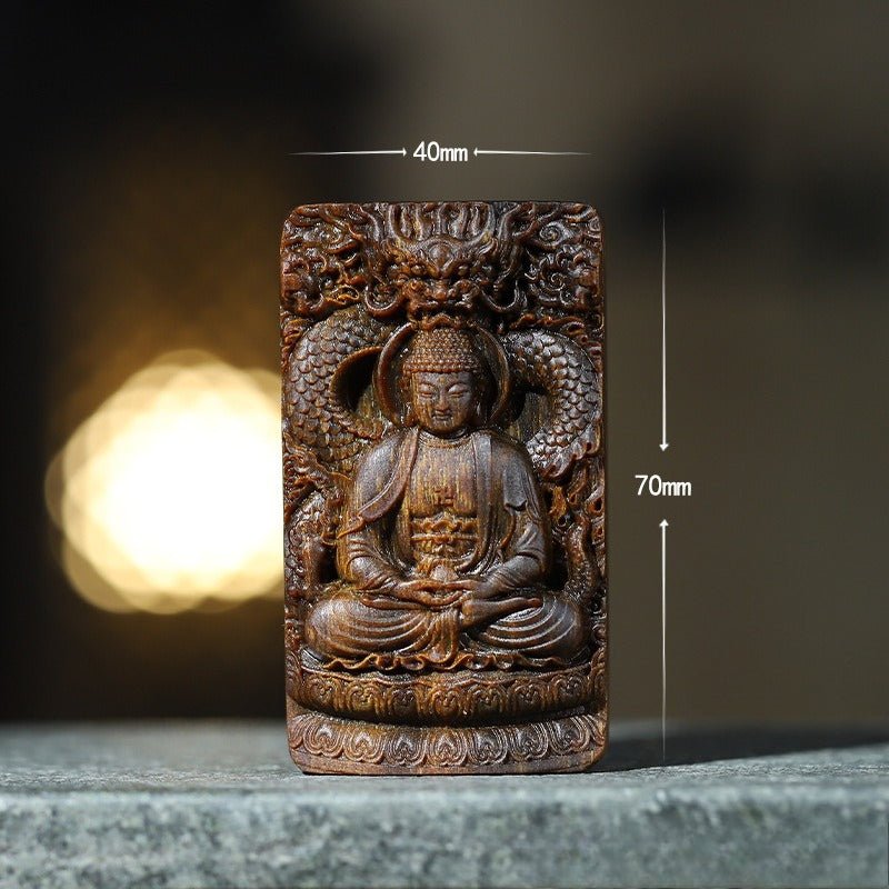 Protective Buddha &amp; Celestial Dragon Pendant - Blessing &amp; Peace - Agarwood Pendant front view 3