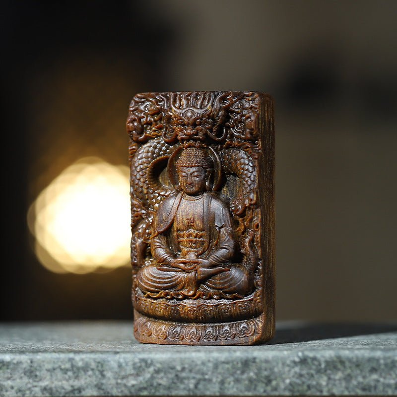 Protective Buddha &amp; Celestial Dragon Pendant - Blessing &amp; Peace - Agarwood Pendant front view 2