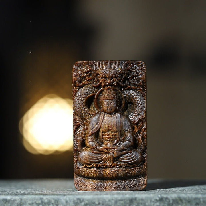 Protective Buddha &amp; Celestial Dragon Pendant - Blessing &amp; Peace - Agarwood Pendant front view 1