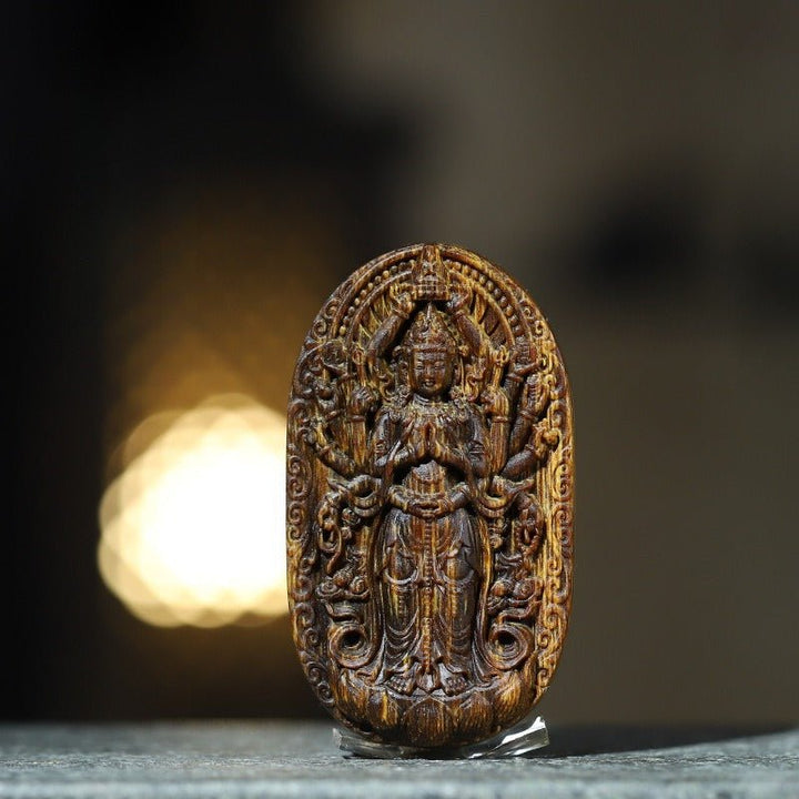 Protective Thousand-Armed Avalokitesvara Standing Pendant - Compassion &amp; Peace - first front view of the agarwood pendant