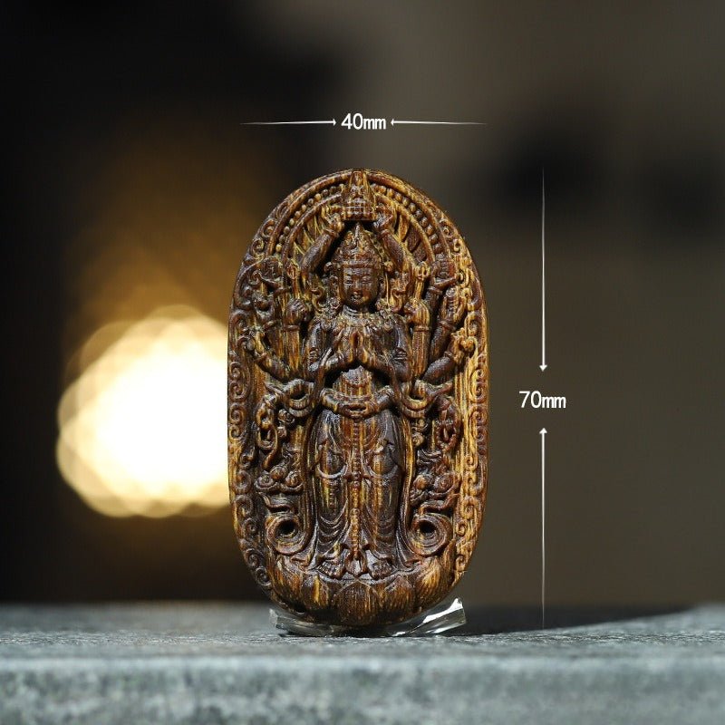 Protective Thousand-Armed Avalokitesvara Standing Pendant - Compassion &amp; Peace - third front view of the agarwood pendant