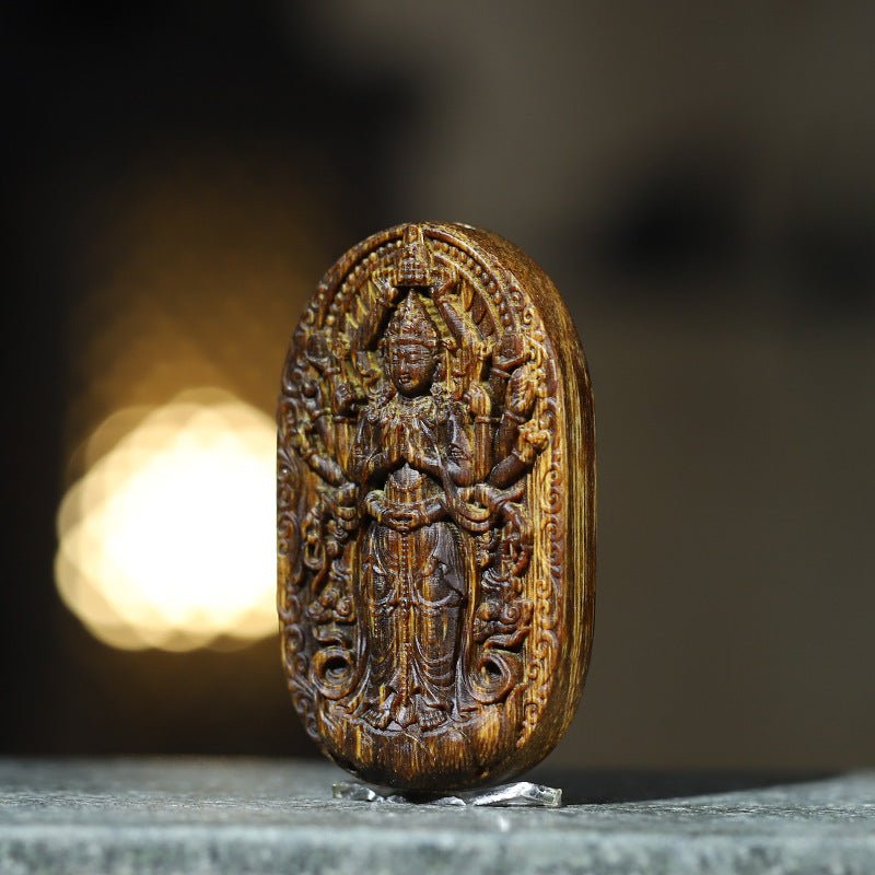 Protective Thousand-Armed Avalokitesvara Standing Pendant - Compassion & Peace - second front view of the agarwood pendant
