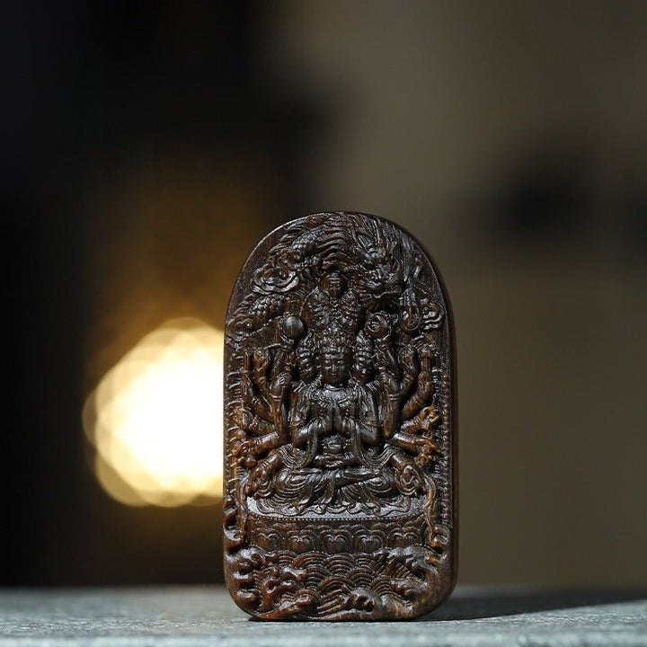 Protective Thousand-Handed Avalokitesvara Pendant - Blessing &amp; Peace - first front view of the agarwood pendant