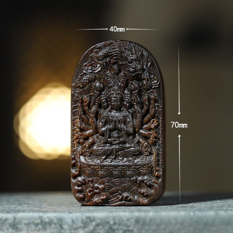 Protective Thousand-Handed Avalokitesvara Pendant - Blessing &amp; Peace - third front view of the agarwood pendant
