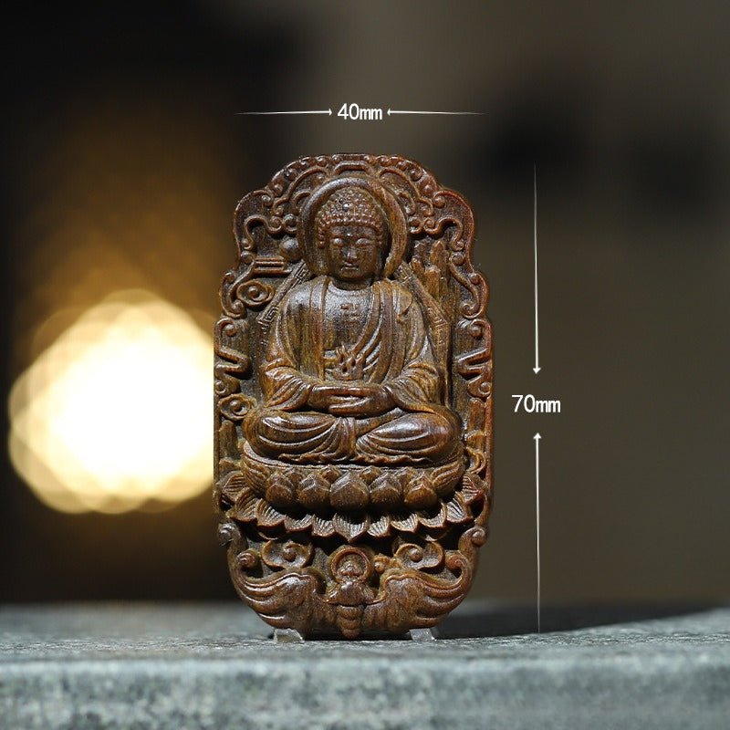 Protective Vairocana Buddha Pendant - Blessing &amp; Peace - third front view of agarwood pendant