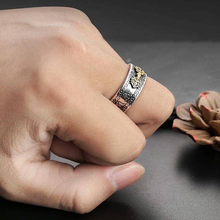 Protective Vajra His &amp; Hers Adjustable Rings - Grounded Confidence &amp; Calm -On finger shot of sterling sliver ring