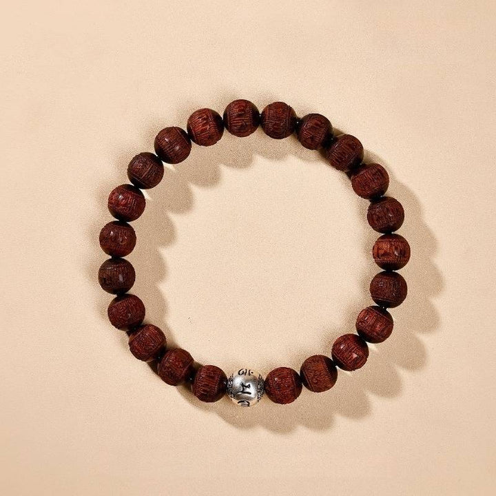 Sacred Mantra Engraved Sandalwood Bracelet - Peace &amp; Smooth Fortune - 8mm bead size