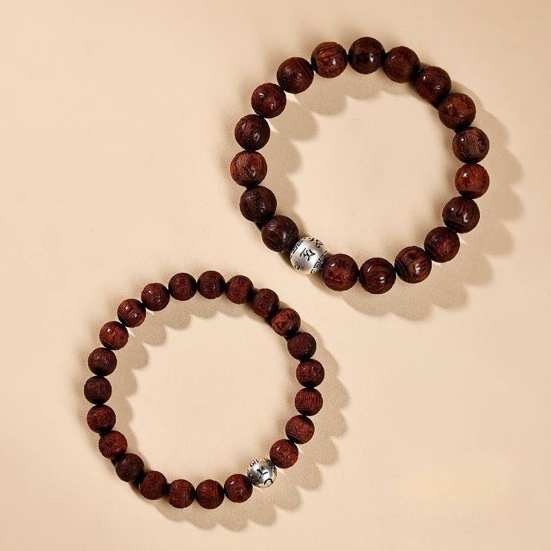 Sacred Mantra Engraved Sandalwood Bracelet - Peace &amp; Smooth Fortune - two sizes in one