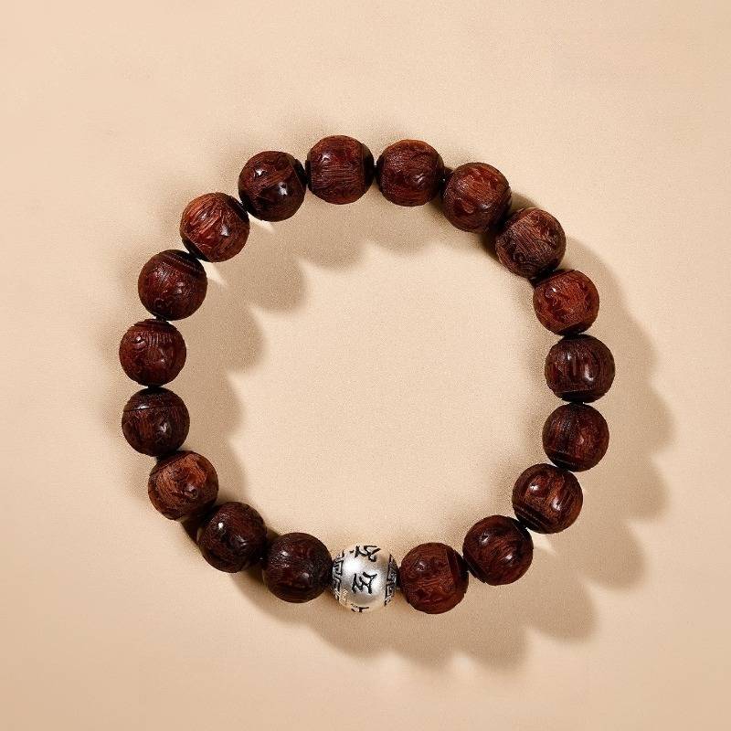 Sacred Mantra Engraved Sandalwood Bracelet - Peace &amp; Smooth Fortune - 10mm bead size