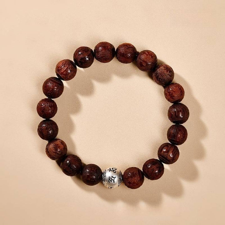 Sacred Mantra Engraved Sandalwood Bracelet - Peace &amp; Smooth Fortune - 10mm bead size