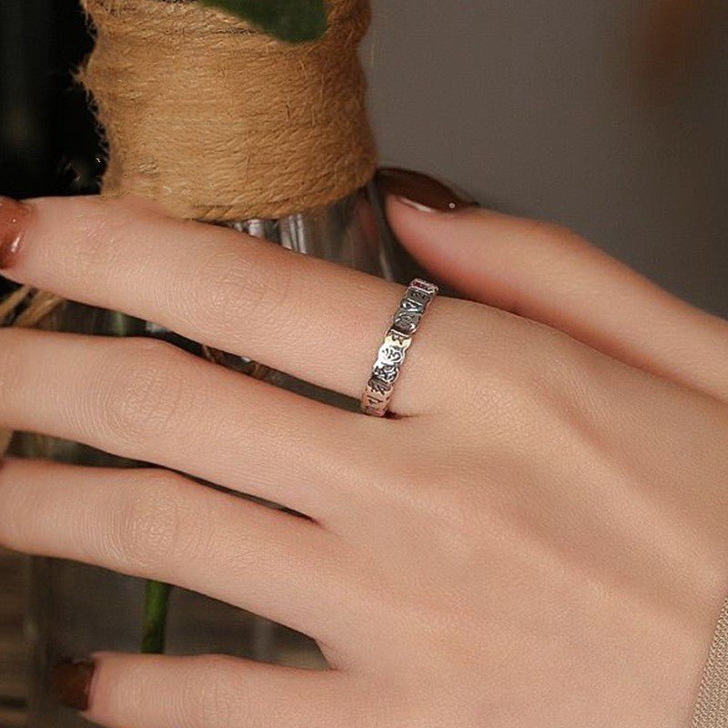 Sacred Protection Mantra Charm Ring - Blessing &amp; Calm - On finger shot of sterling sliver ring