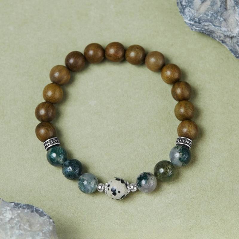 Sandalwood Harmony Bracelet With Moss Agate - Calm • Clarity • Spirituality - top view shot