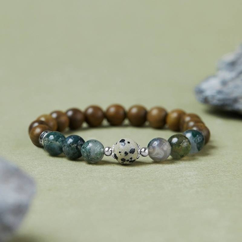 Sandalwood Harmony Bracelet With Moss Agate - Calm • Clarity • Spirituality - shot focus on moss agate beads