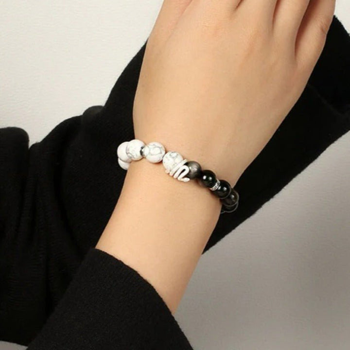 Serene Guardian Silver Sheen Obsidian Bracelet - Wisdom &amp; Flow - on-wrist shot of style b