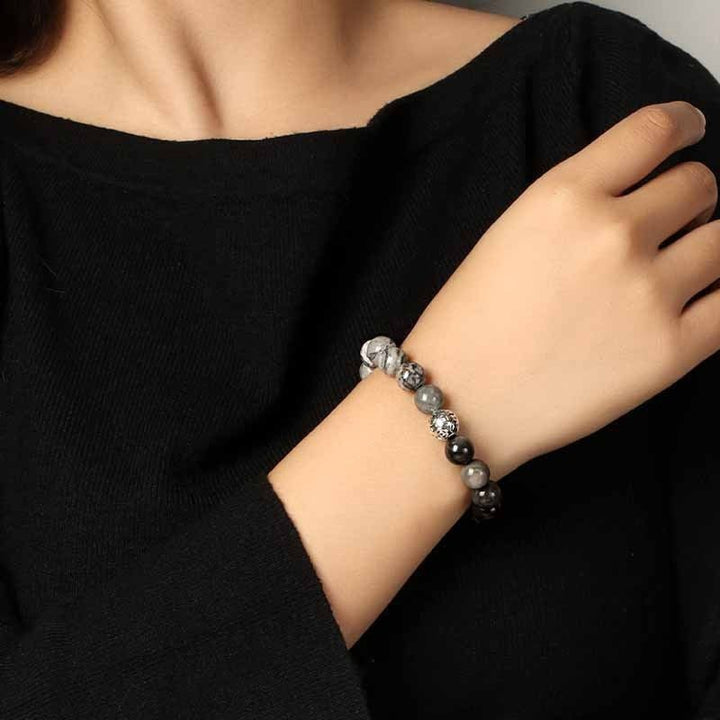 Serene Guardian Silver Sheen Obsidian Bracelet - Wisdom &amp; Flow - on-wrist shot of style a