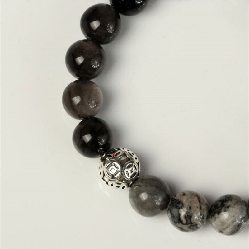 Serene Guardian Silver Sheen Obsidian Bracelet - Wisdom &amp; Flow - close-up shot of style a