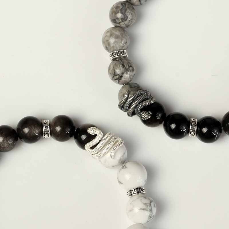 Serene Guardian Silver Sheen Obsidian Bracelet - Wisdom & Flow - close-up shot of two styles